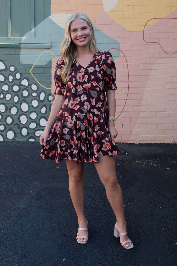 Delilah Floral Collared Dress, Brown