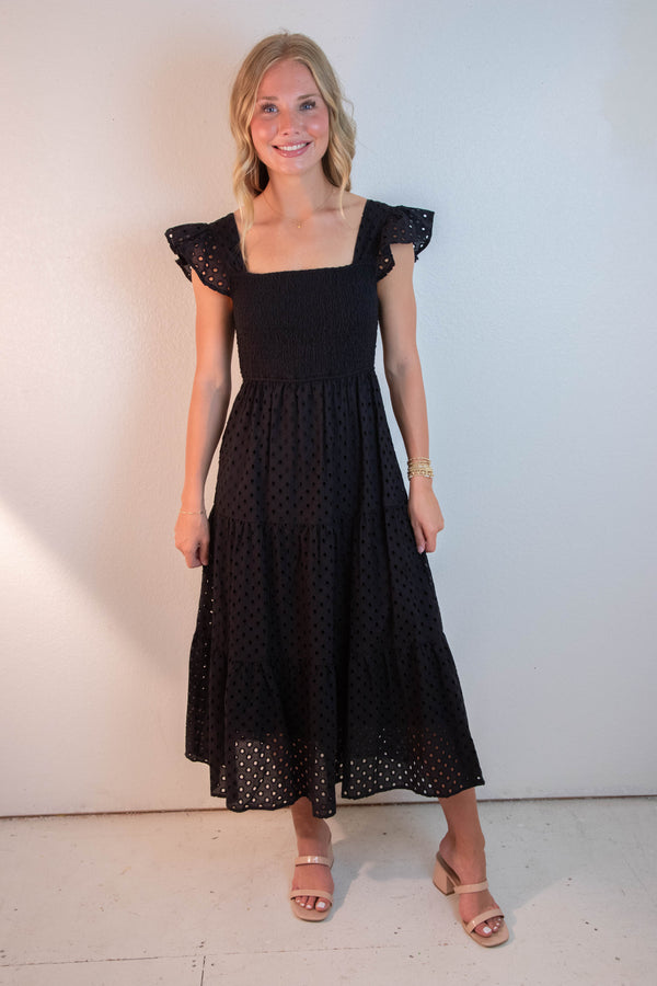 Emmy Eyelet Tiered Midi Dress, Black