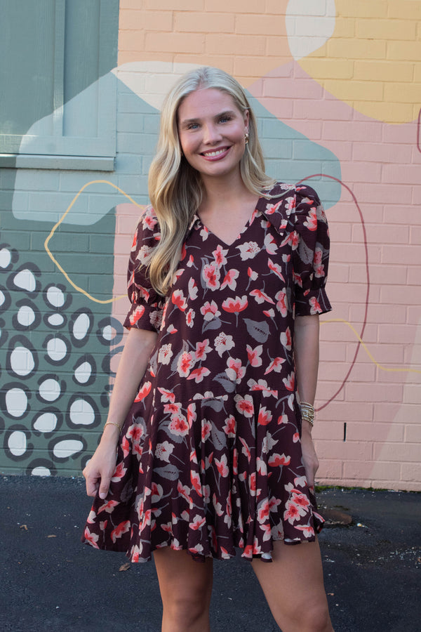 Delilah Floral Collared Dress, Brown