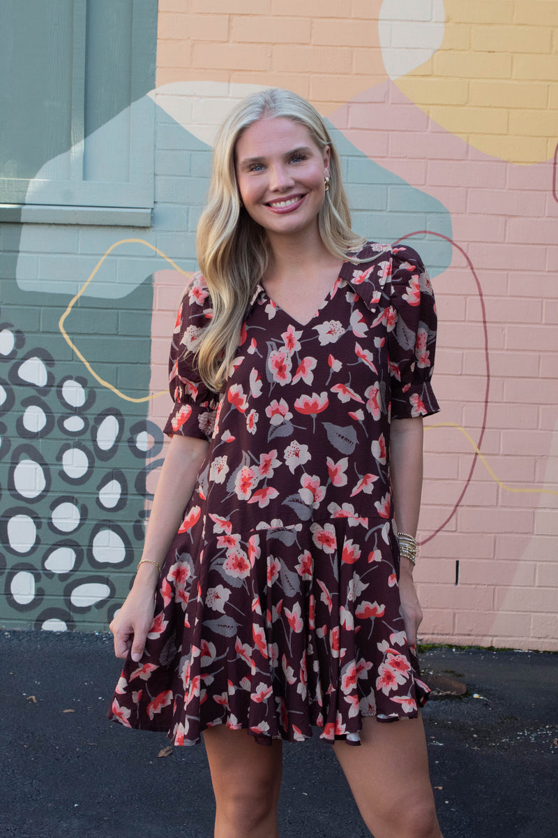 Delilah Floral Collared Dress, Brown