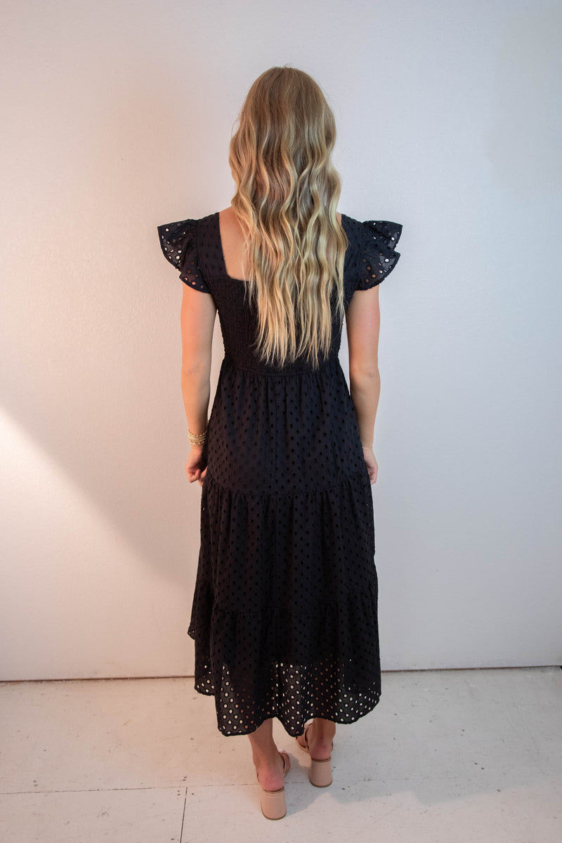 Emmy Eyelet Tiered Midi Dress, Black