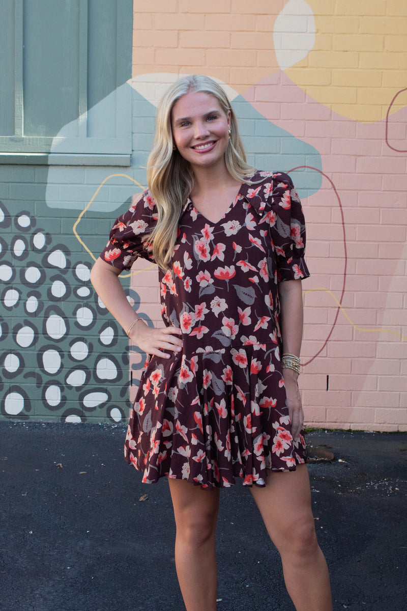 Delilah Floral Collared Dress, Brown