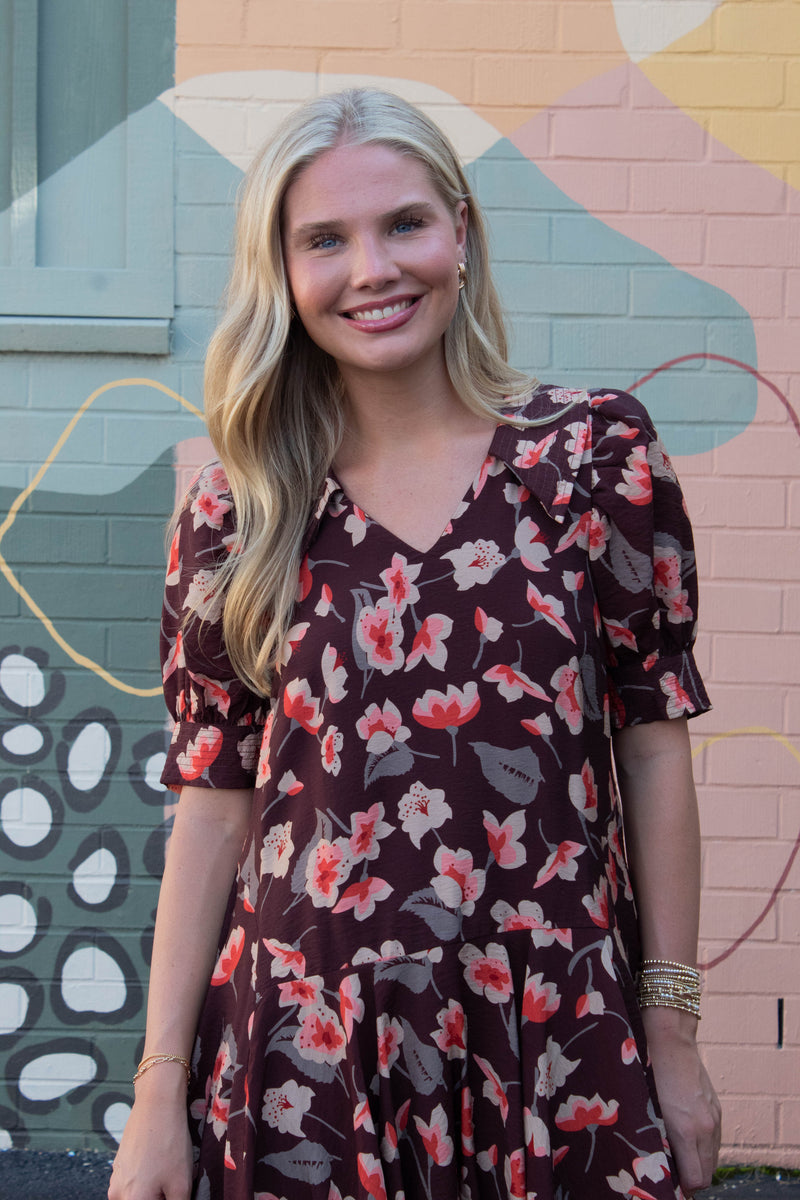 Delilah Floral Collared Dress, Brown