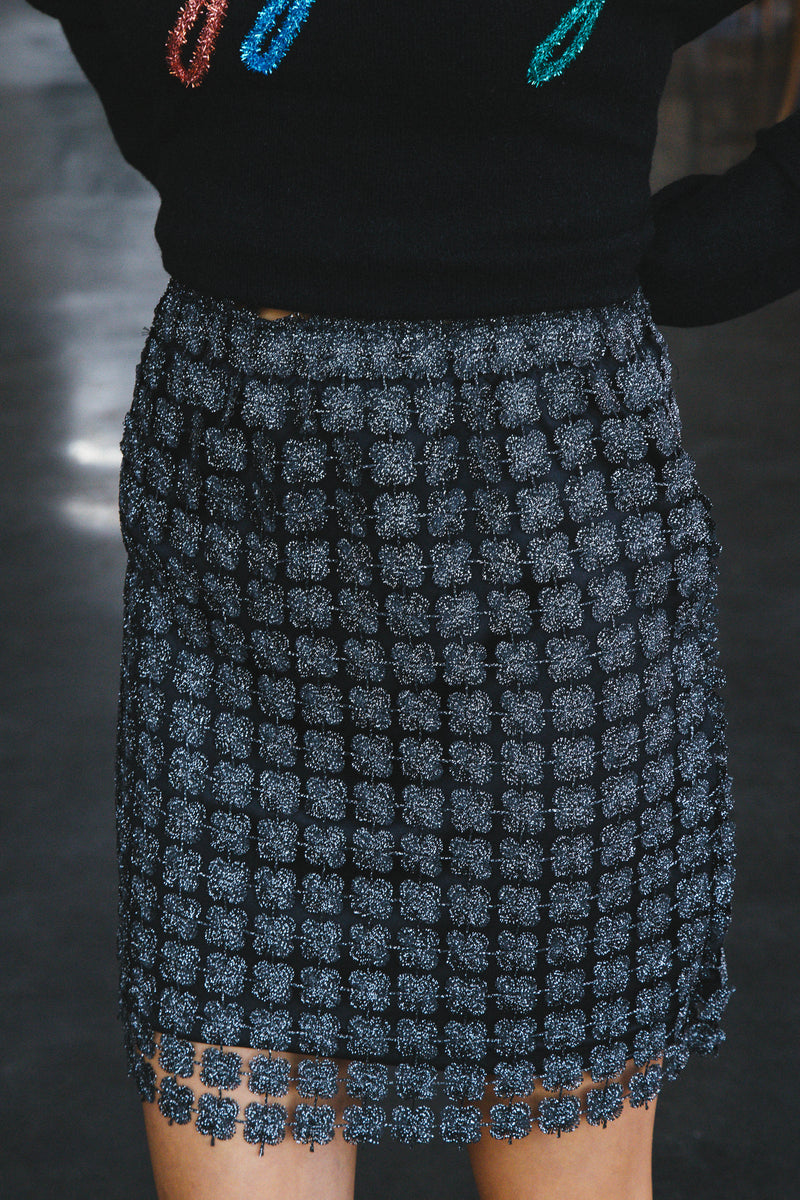 Monaco Crochet Lace Mini Skirt, Black/Silver
