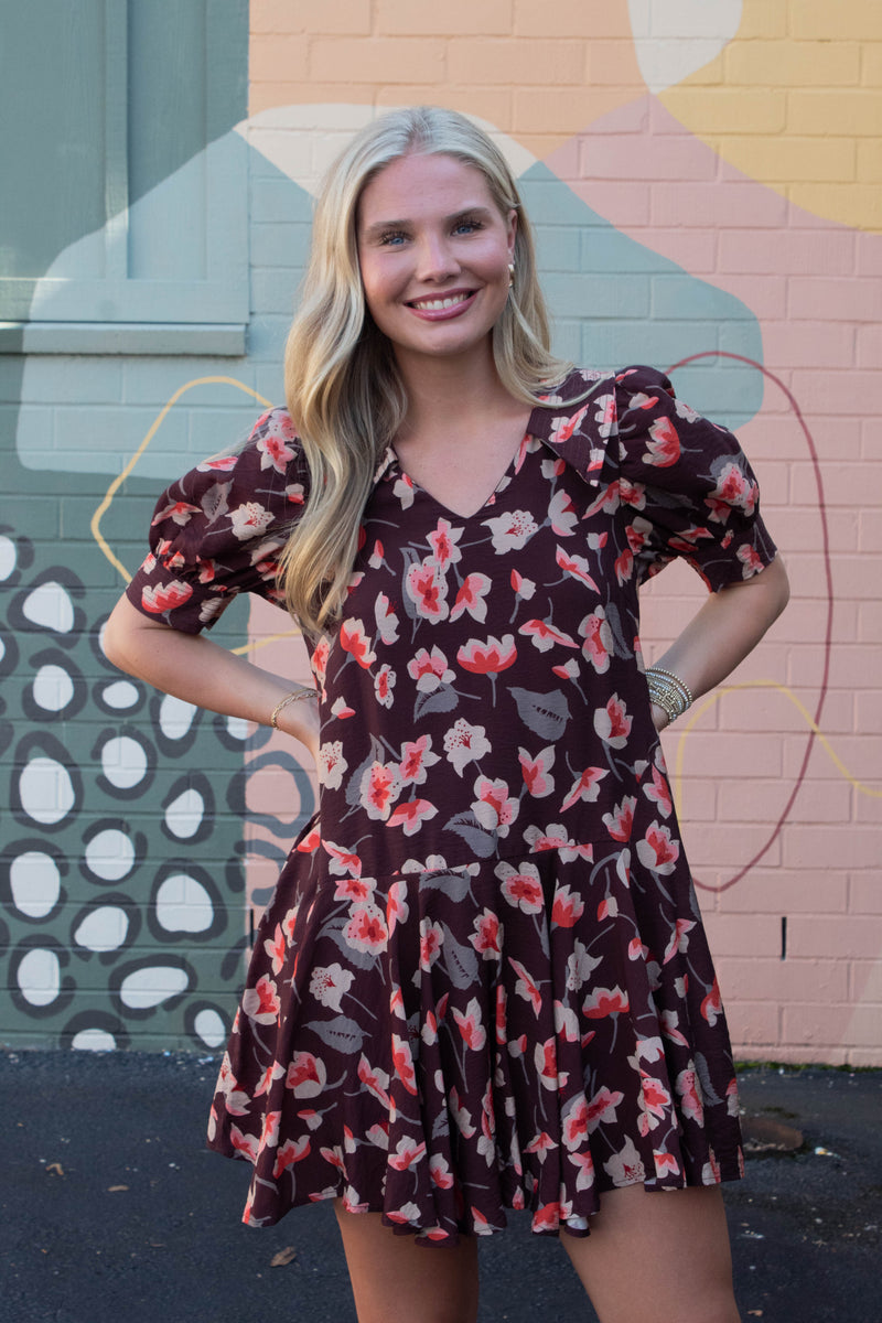 Delilah Floral Collared Dress, Brown
