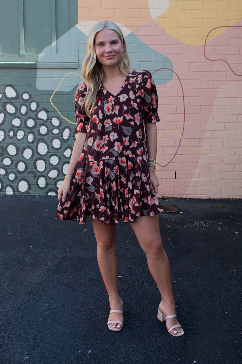Delilah Floral Collared Dress, Brown