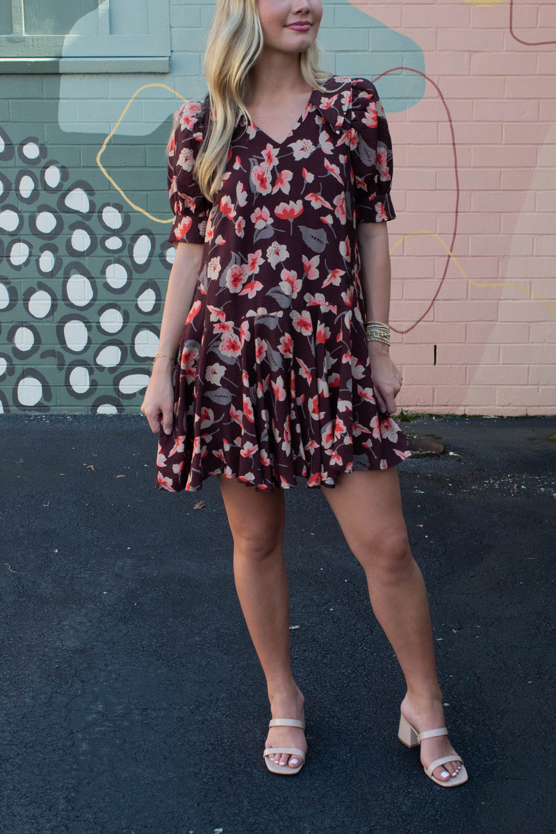 Delilah Floral Collared Dress, Brown