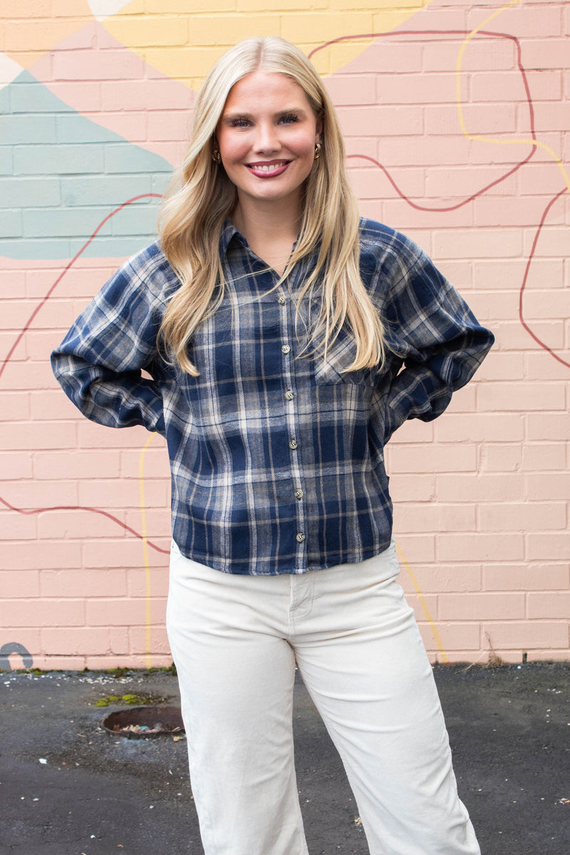 Kamryn Oversized Plaid Shirt, Navy