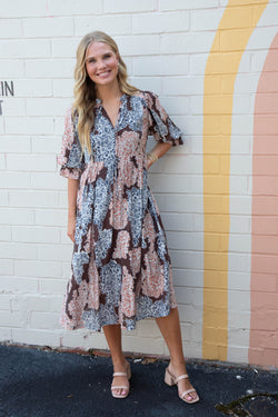 Amaris Paisley Print Midi Dress, Brown