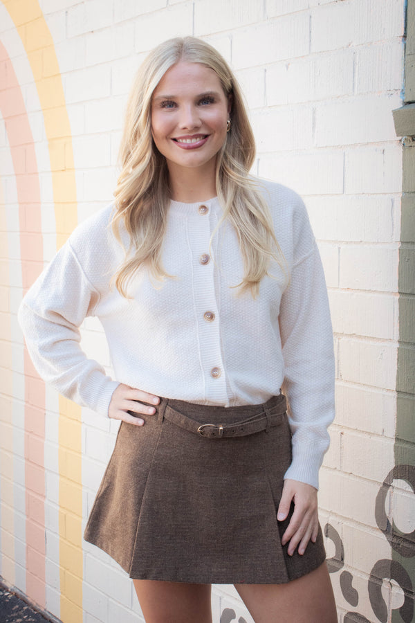 Aria Rib Trim Round Neck Cardigan, Ivory