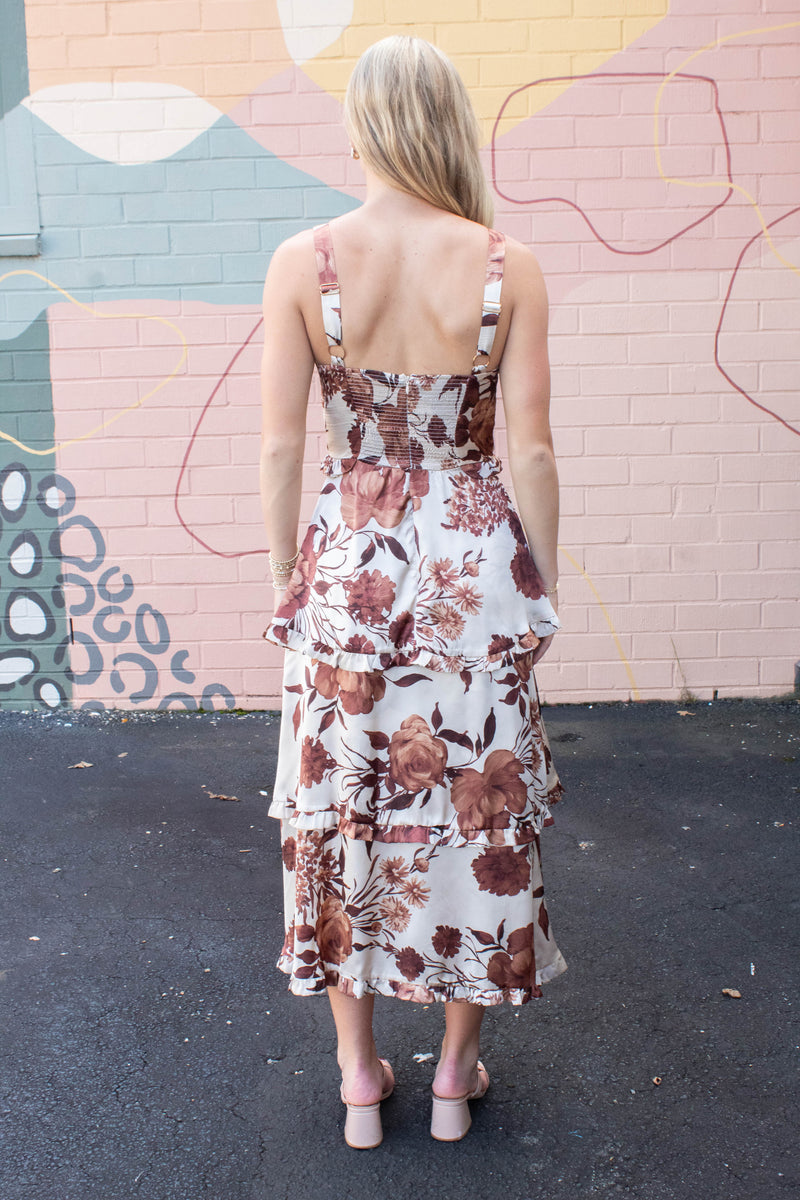 Blair Floral Tiered Satin Dress, Coffee Cream Brown