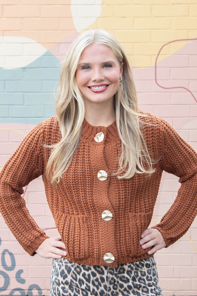 Clara Gold Button Cardigan, Almond