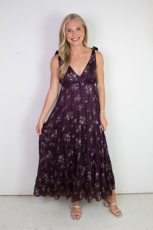 Gigi Tie Strap Printed Maxi Dress, Plum Multi Floral