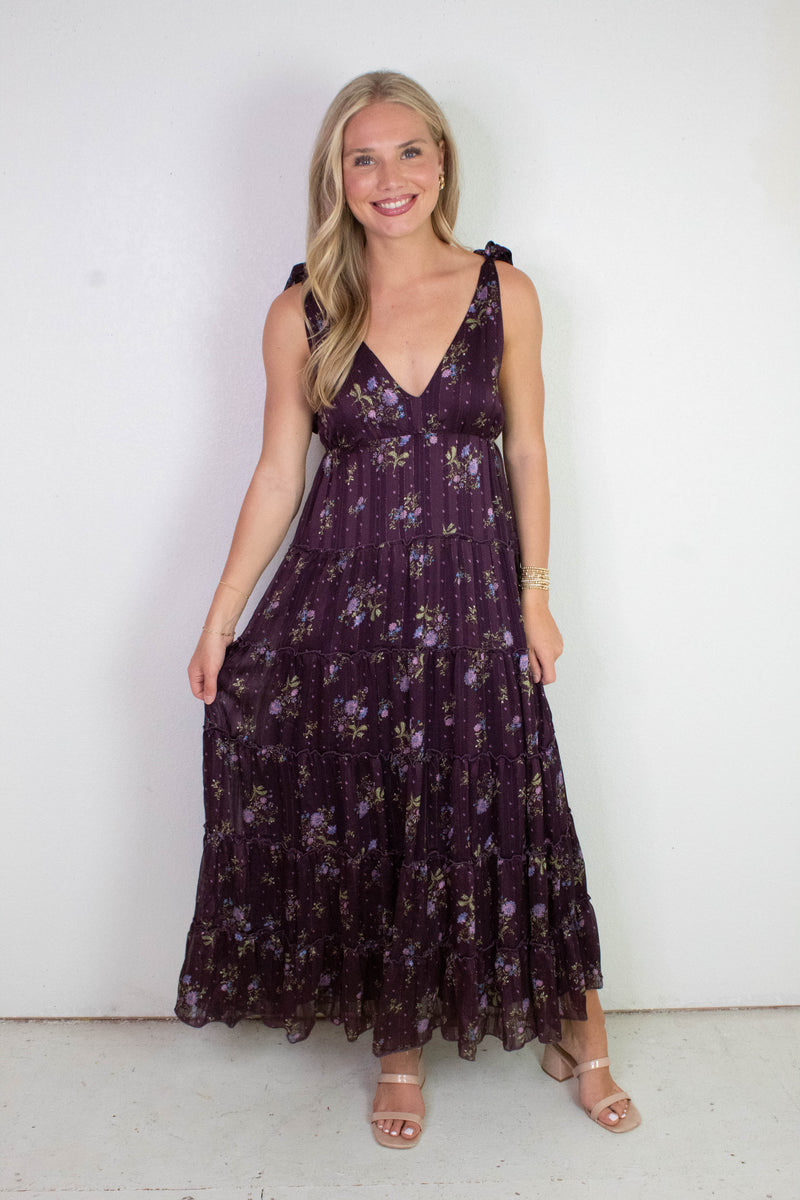 Gigi Tie Strap Printed Maxi Dress, Plum Multi Floral