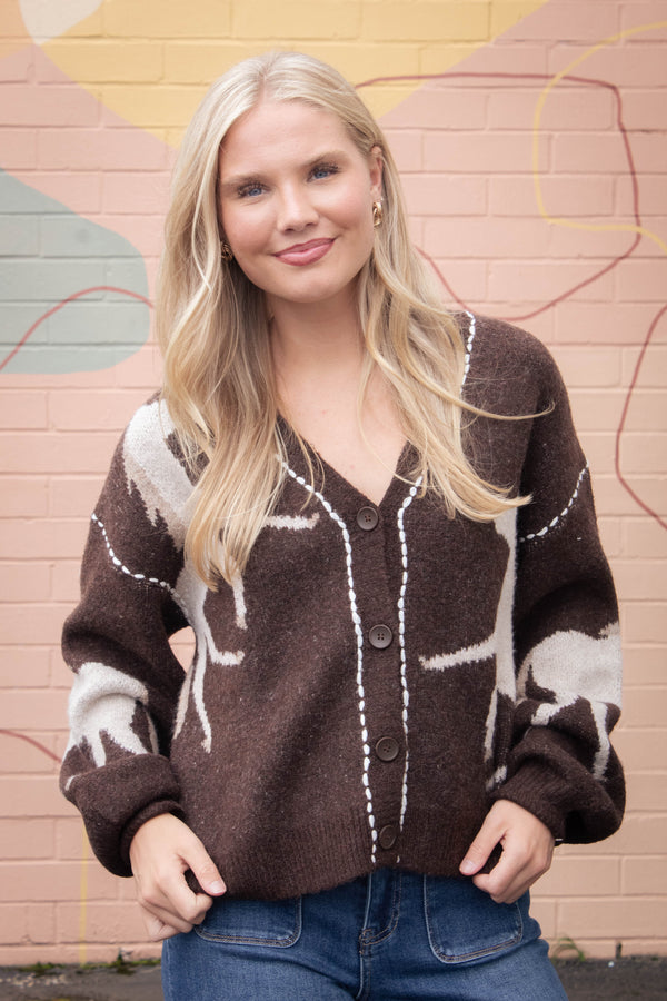 Rebekah Contrast Stitch Horse Cardigan, Brown