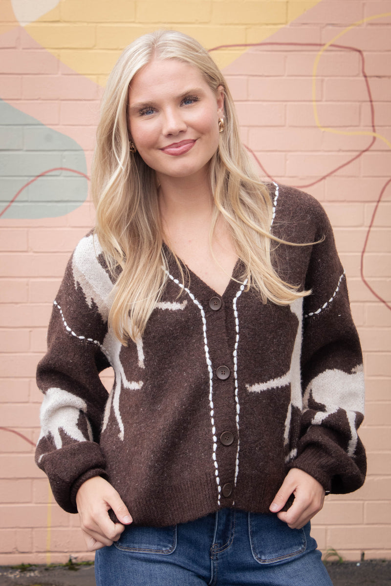 Rebekah Contrast Stitch Horse Cardigan, Brown