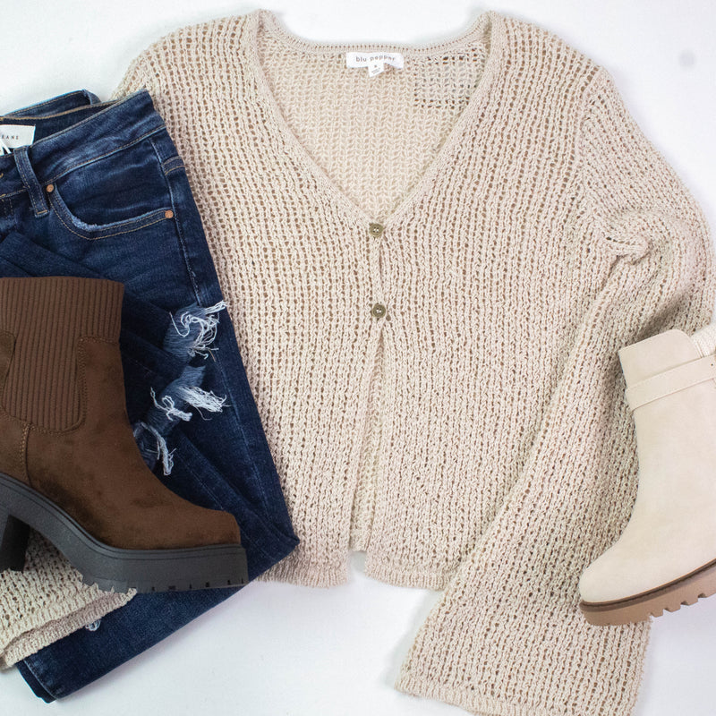 Quinn Bell Sleeve Crocheted Cardigan, Natural