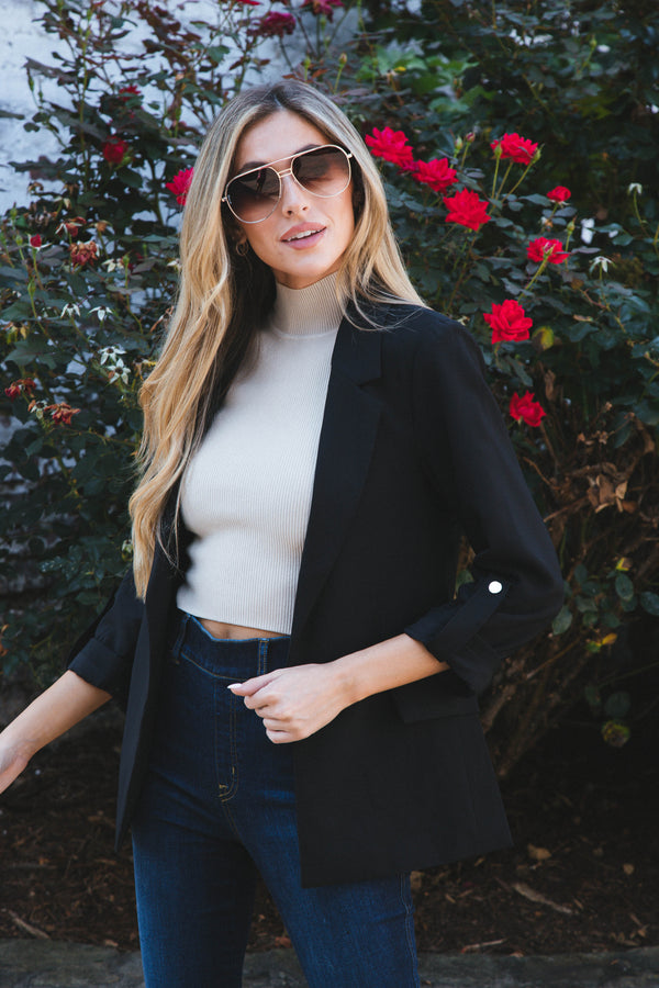 Ava Rolled Sleeve Open Blazer, Black