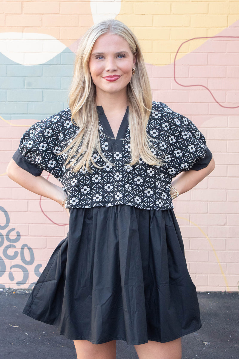 Elliana Mix Media Peplum Dress, Black