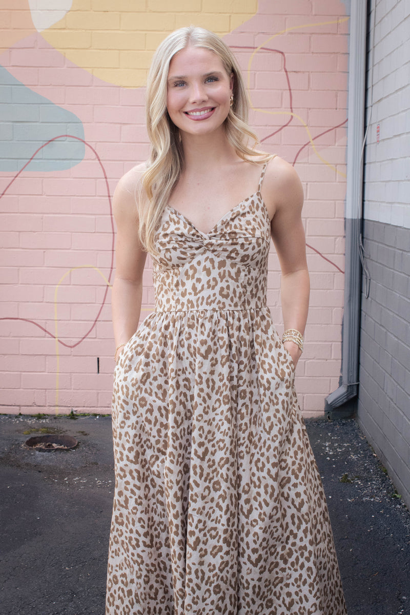 Claire Leopard Print Midi Dress, Taupe