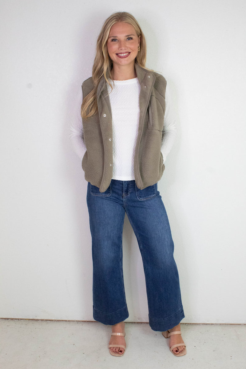 Elena Fleece Button Up Vest, Olive