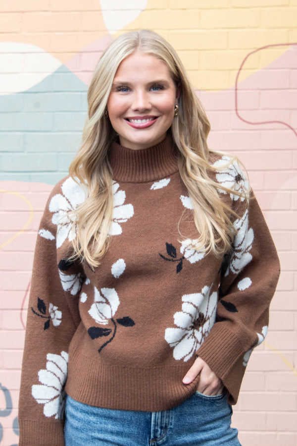 Sutton Floral Mock Neck Sweater, Brown Mix