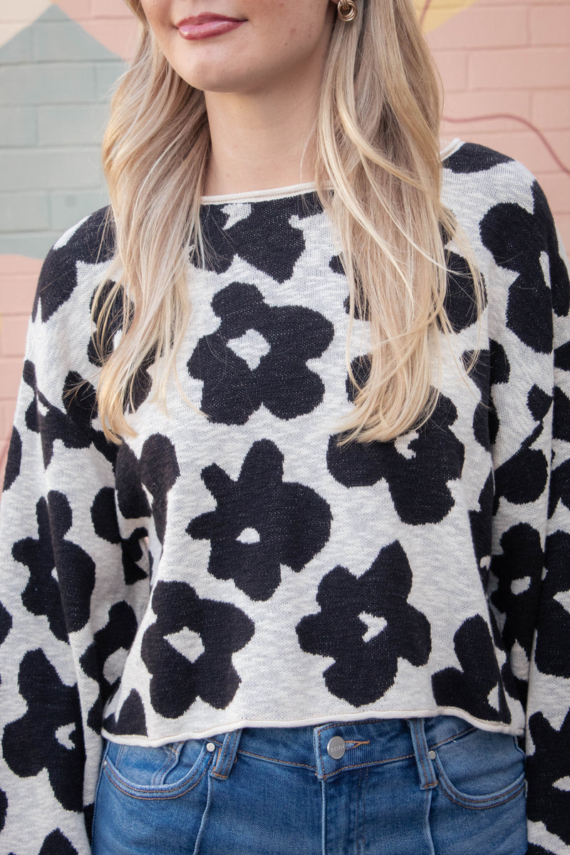 Shiloh Loose Fit Flower Sweater, Black/Oatmeal