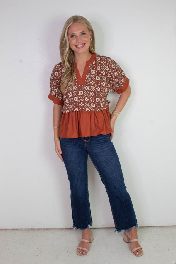 Harriet Mix Media Peplum Top, Rust