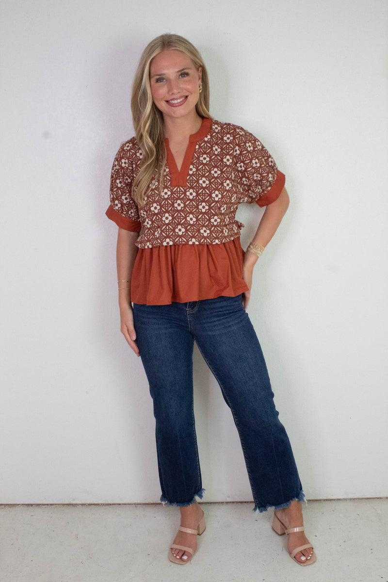 Harriet Mix Media Peplum Top, Rust
