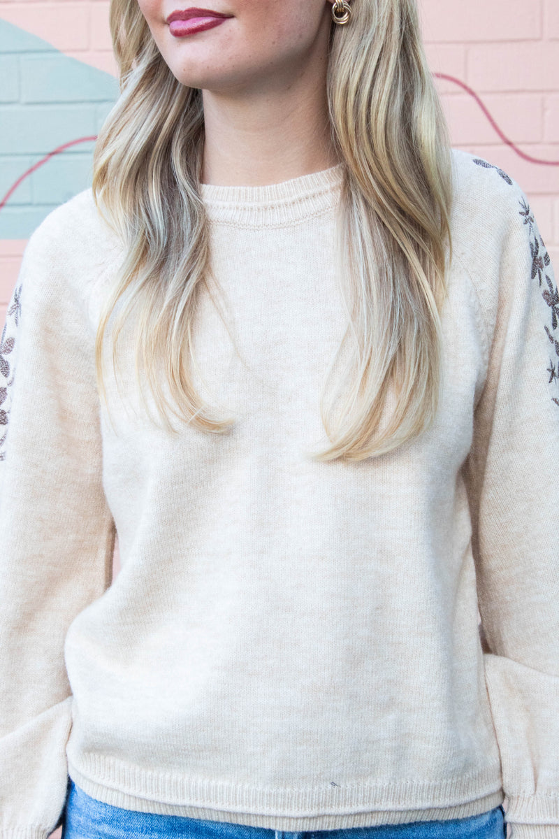 Angie Floral Embroidered Sweater, Oatmeal Brown