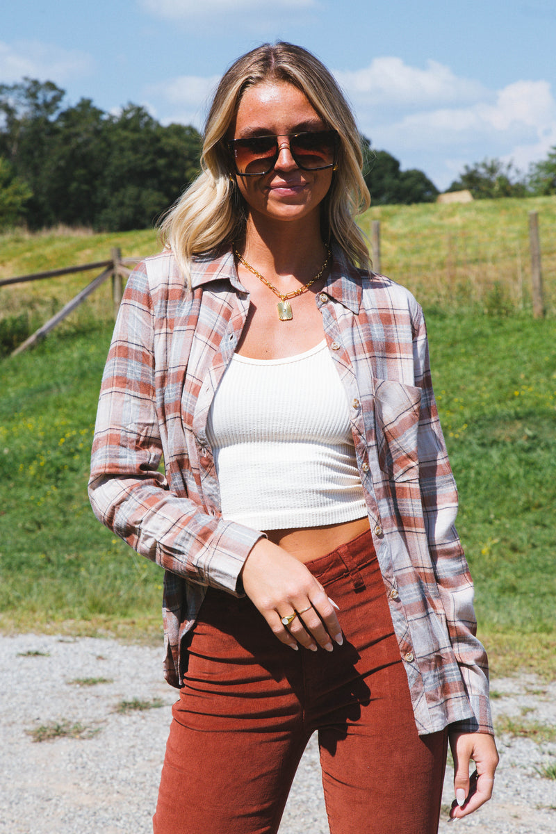 Fall Back Plaid Flannel Shirt, Almond