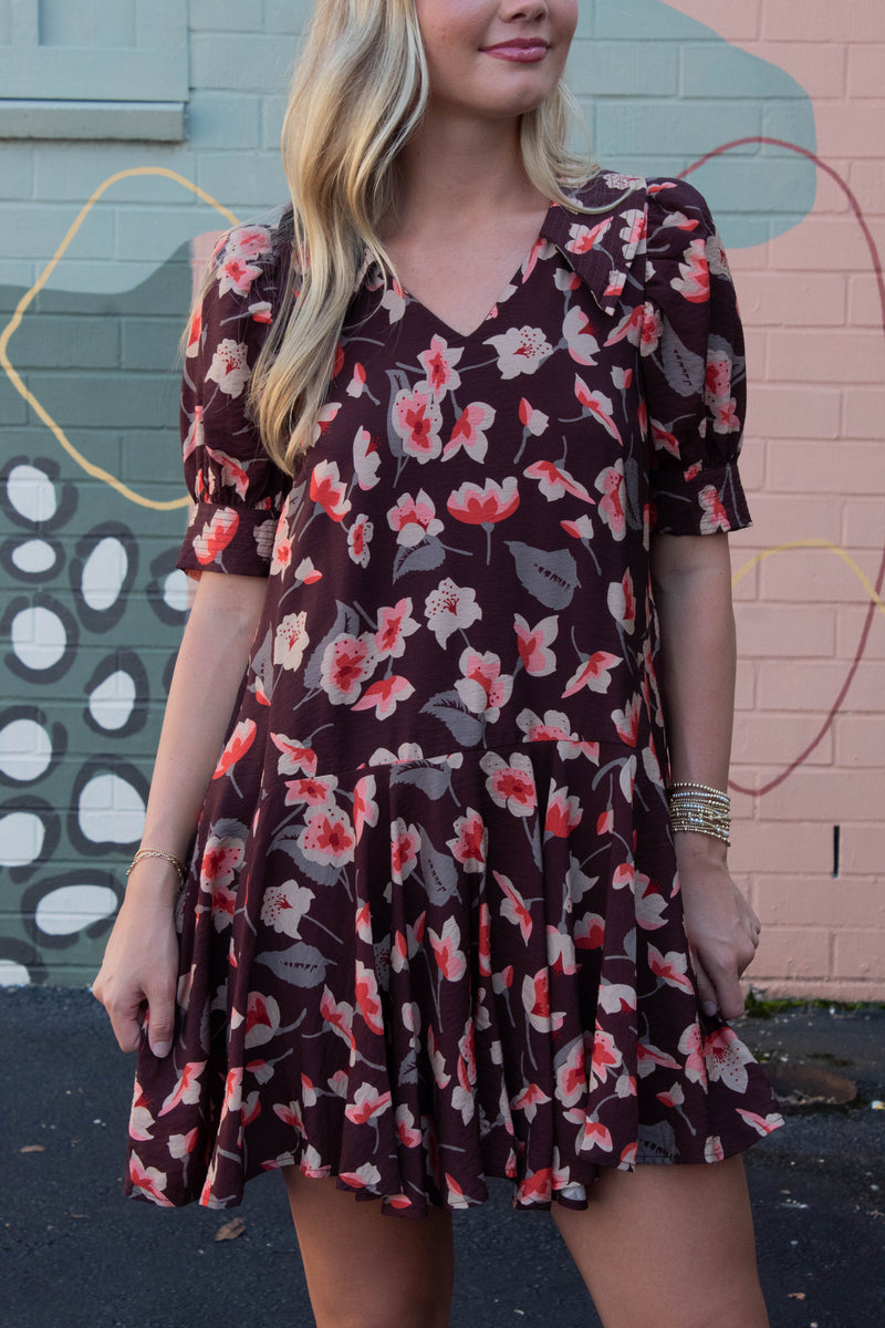 Delilah Floral Collared Dress, Brown
