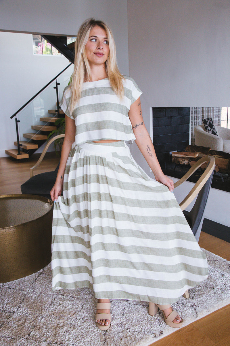 Taylor Striped Midi Skirt, Olive Multi