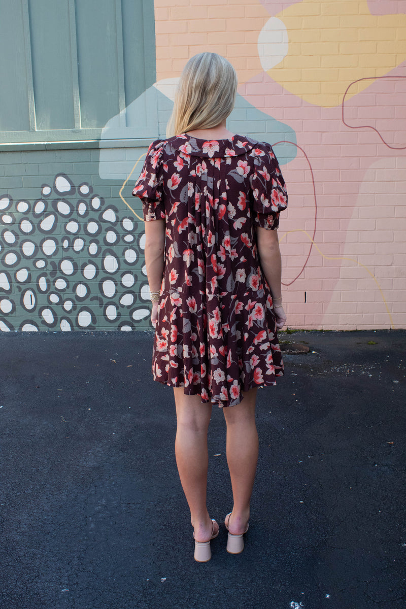 Delilah Floral Collared Dress, Brown