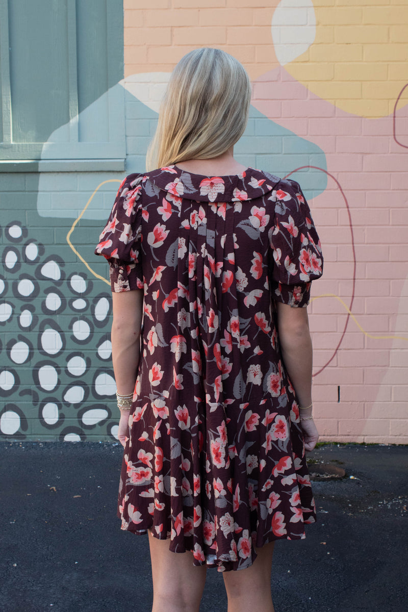 Delilah Floral Collared Dress, Brown