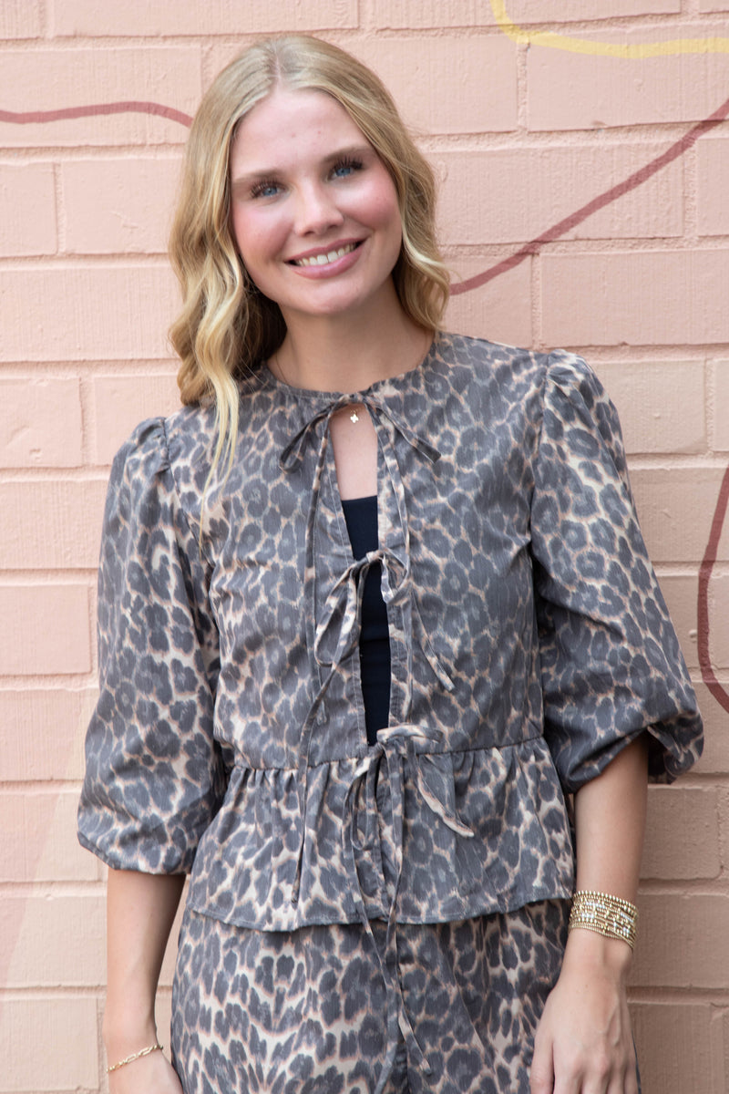 Selene Peplum Tie Front Blouse, Leopard