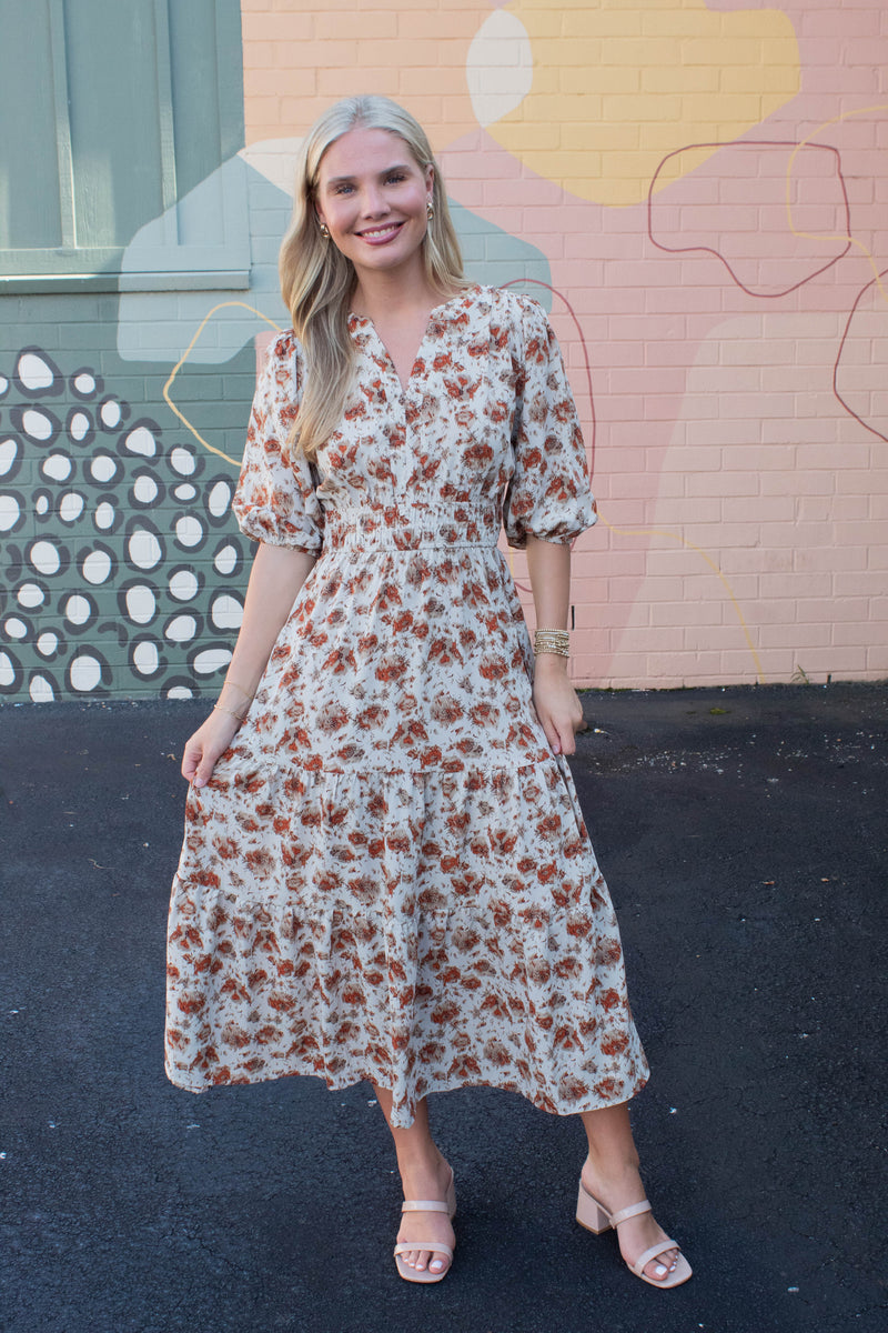 Arya Split Neck Printed Dress, Cream/Rust