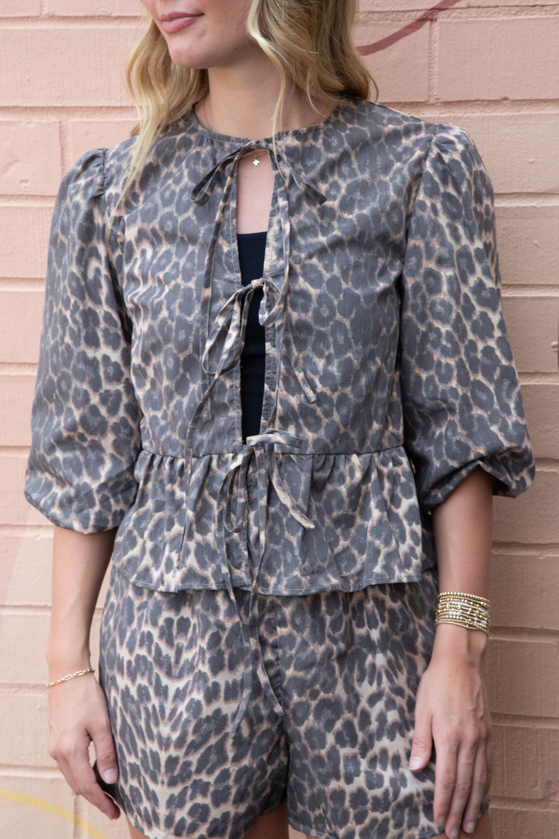 Selene Peplum Tie Front Blouse, Leopard