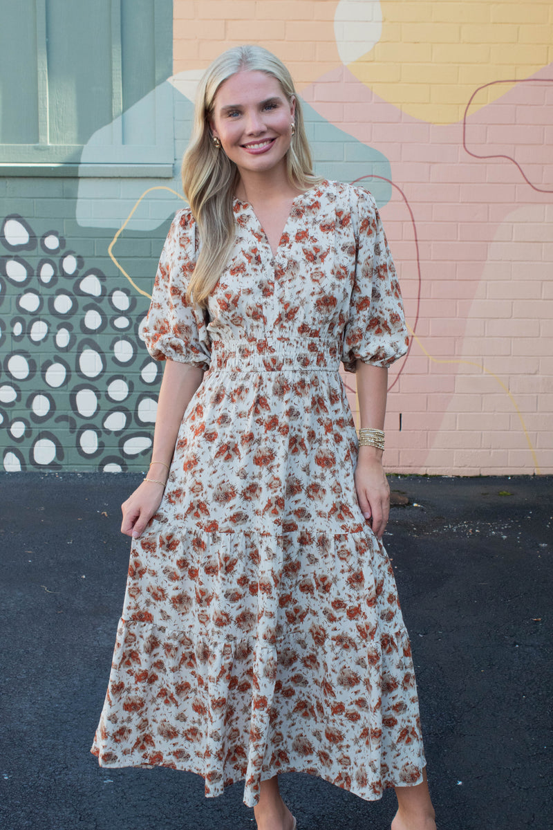 Arya Split Neck Printed Dress, Cream/Rust