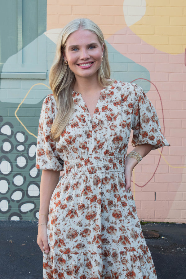 Arya Split Neck Printed Dress, Cream/Rust