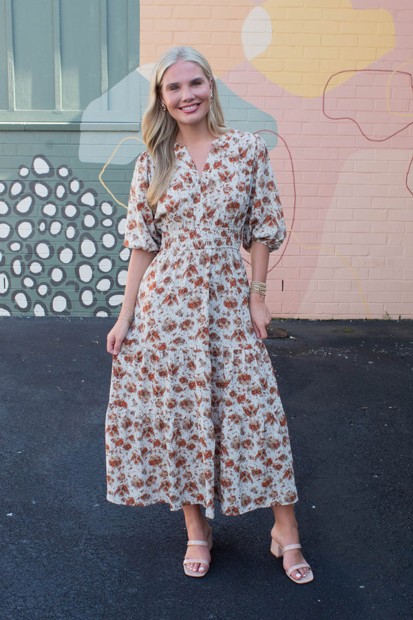 Arya Split Neck Printed Dress, Cream/Rust