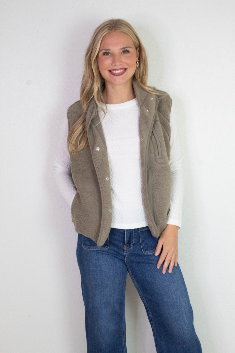 Elena Fleece Button Up Vest, Olive