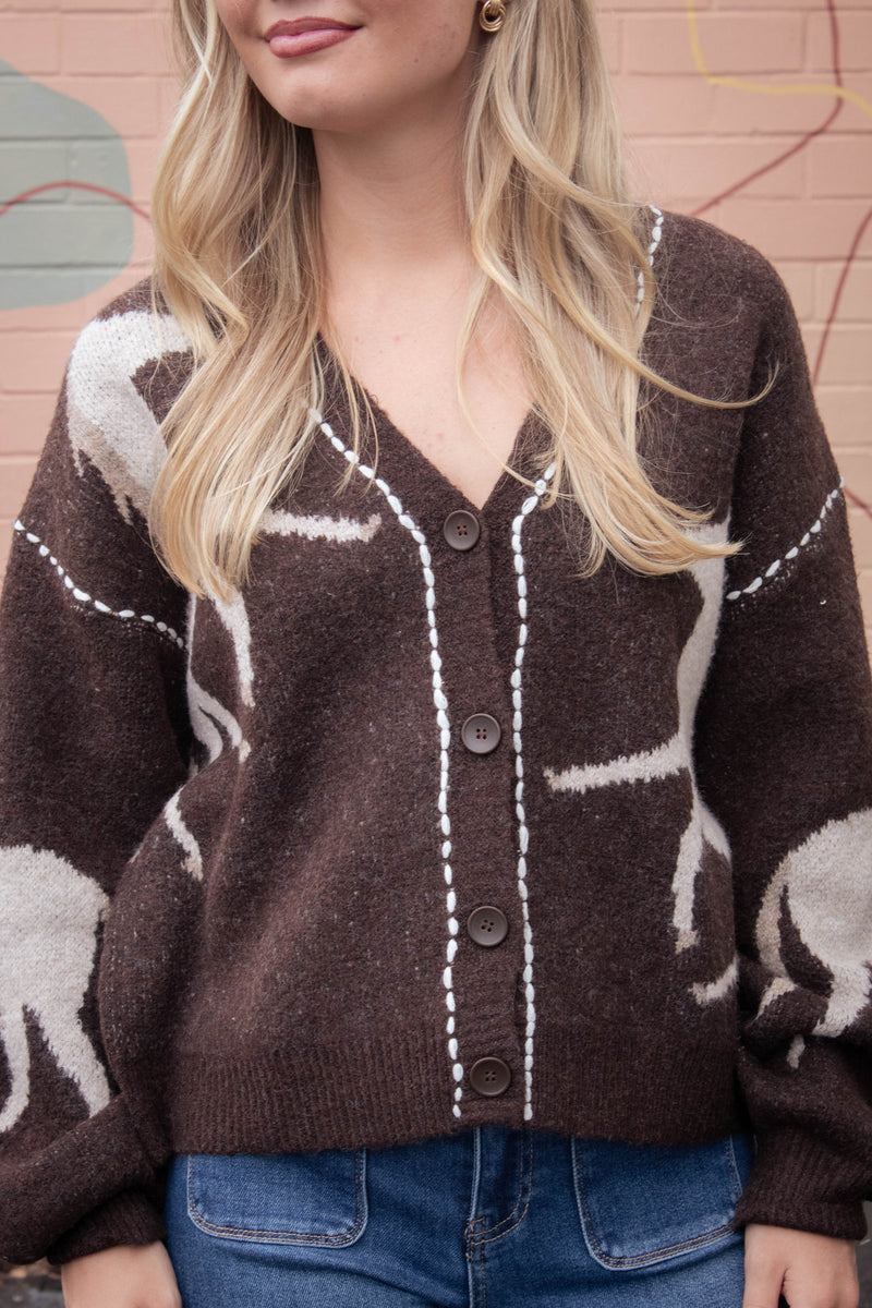 Rebekah Contrast Stitch Horse Cardigan, Brown