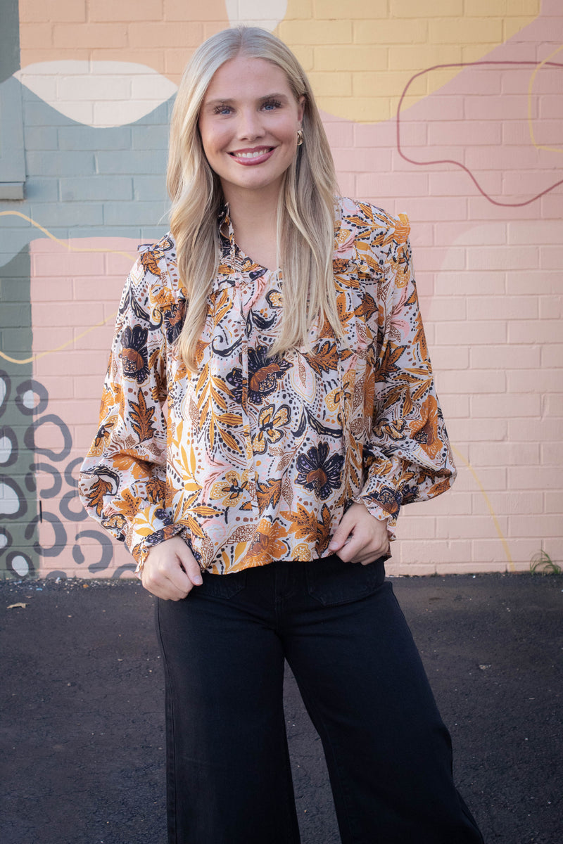 Farren Bold Botanical Print Blouse, Beige Multi