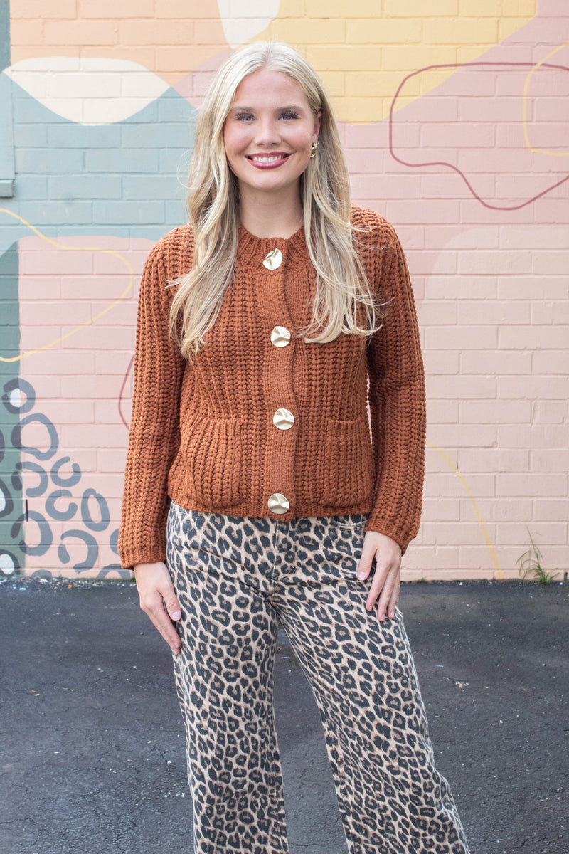 Clara Gold Button Cardigan, Almond