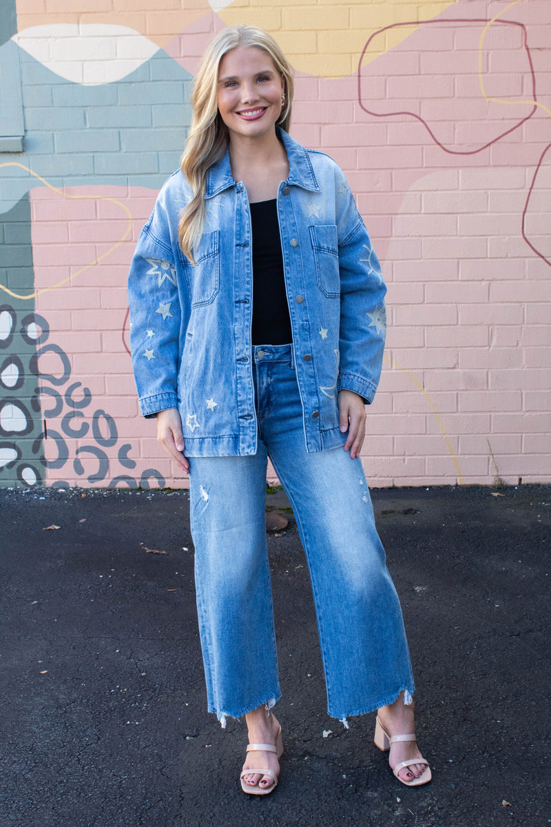 Ashley Embroidered Denim Jacket, Medium Wash