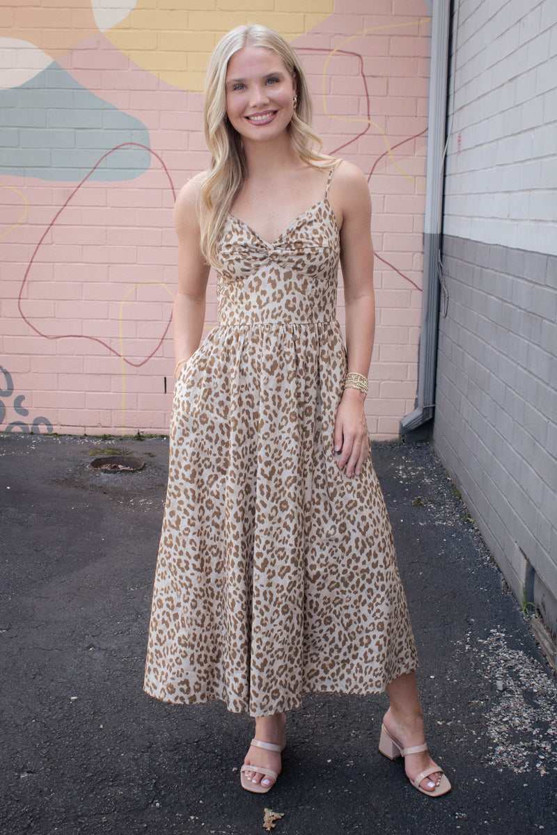 Claire Leopard Print Midi Dress, Taupe