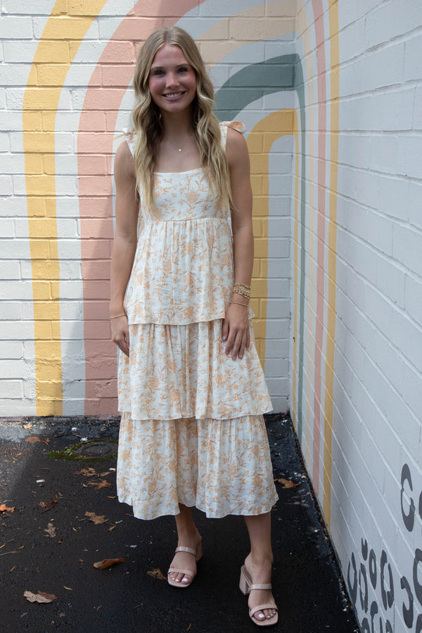 Flora Tie Strap Ruffled Midi Dress, Apricot Multi