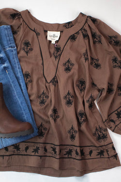 Oakley Floral Embroidered Top, Brown