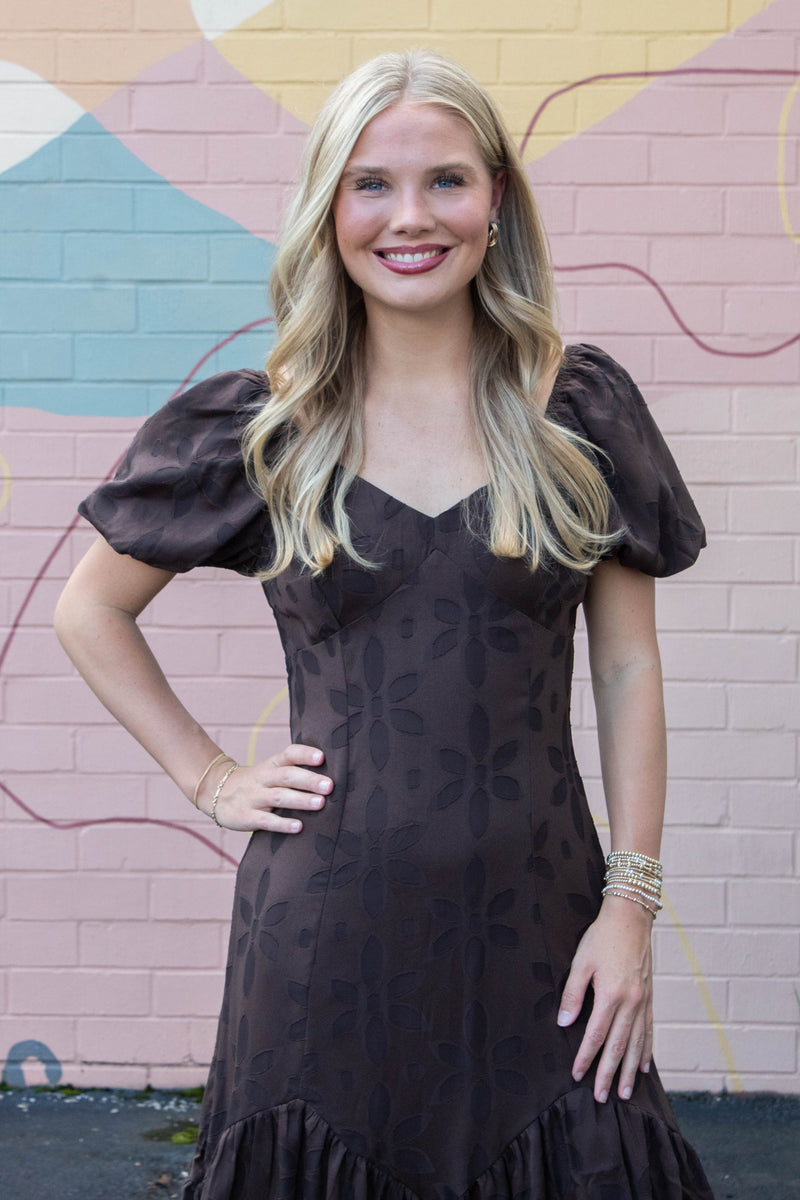 Ana Mesh Flower Midi Dress, Brown
